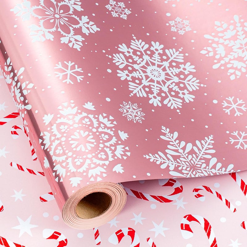 Retrify Snowflake Christmas Wrapping Paper - 17 Inch x 32.8 Feet Mini Roll - Candy Cane Foil Pink Gift Wrap Paper for Holiday Shower Party Celebration - Image 2